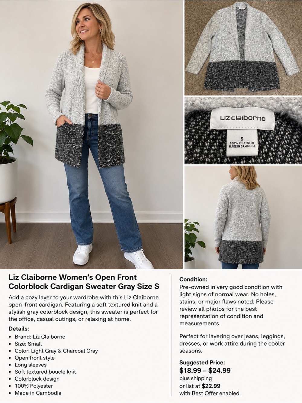 Liz Claiborne Light Gray and Charcoal Colorblock Open Front Cardigan
